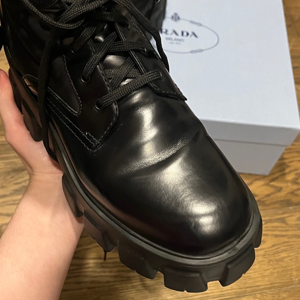 Prada Monilith Black Leather Combat Boots - Picture 9 of 11
